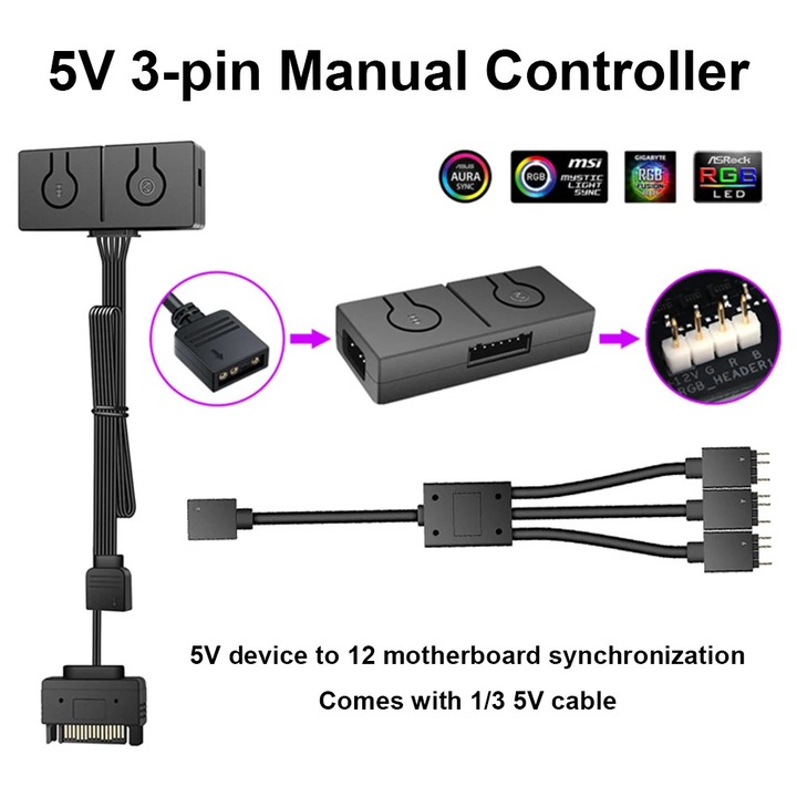 Convertor RGB la ARGB 12V 5V, 3 porturi, negru, 10cm
