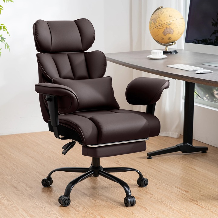 Ergonomikus irodai szék 200 kg, forgatható vezetői szék, nagyméretű személyeknek, PU bőr, lábtartóval, állítható háttámlával és karfákkal, barna