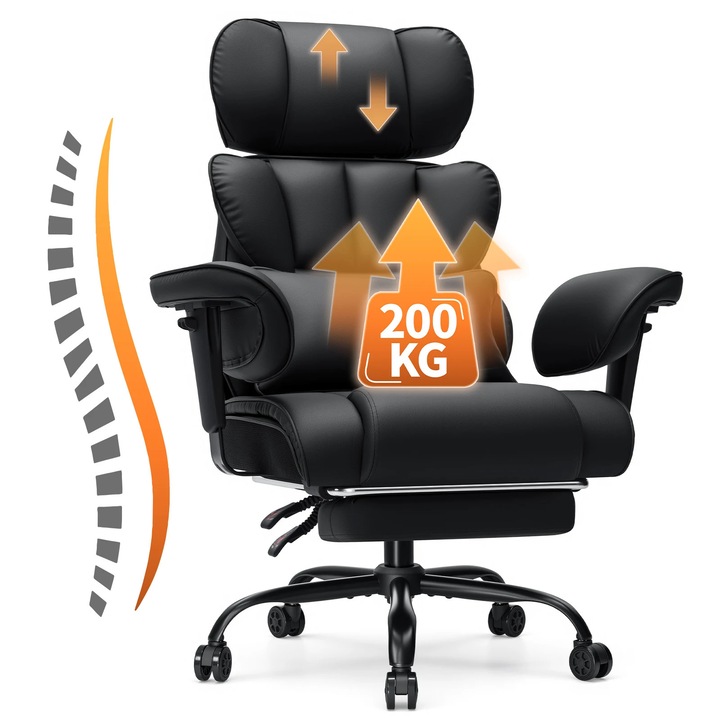 Irodai szék, Ergonomikus vezetői szék, 200 kg maximális terhelhetőség, PU bőr, Lábpihentető, Állítható háttámla és karfák, Forgatható kerekekkel, Fekete