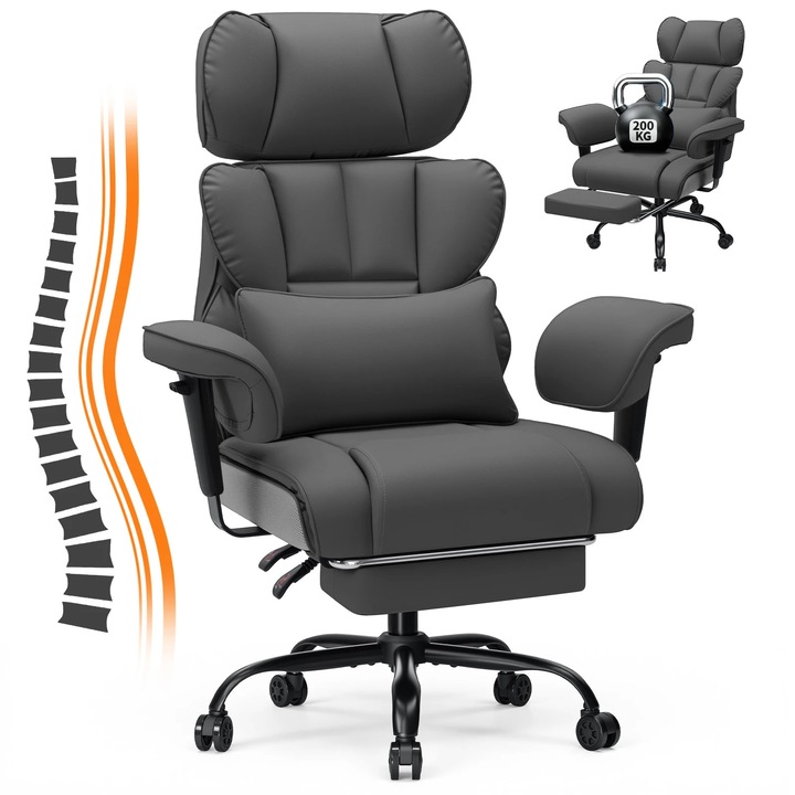 Ergonomikus irodai szék 200 kg, vezetői szék, állítható háttámla és magasság, állítható kartámaszok, összecsukható lábtartó, forgatható kerekekkel, PU bőr, szürke
