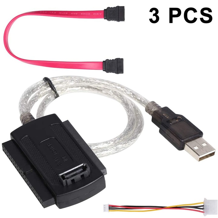 Cablu adaptor USB la SATA IDE, set 3 piese, alb-negru, 60cm