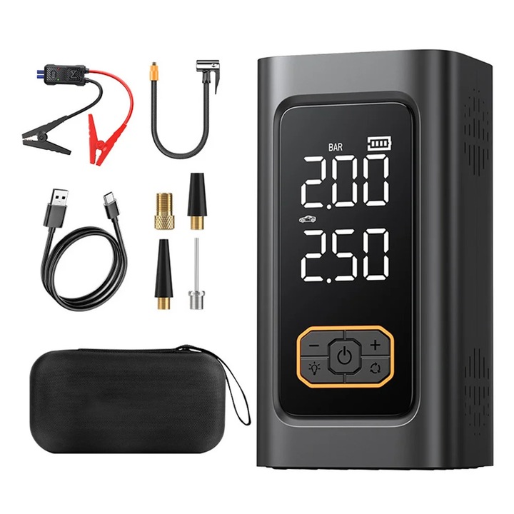 Powerbank pornire auto, Booster baterie auto cu compresor, Compresor digital 150 psi / 10, 3 bar, Pompa de aer portabila 12 V, Pentru anvelope, Negru