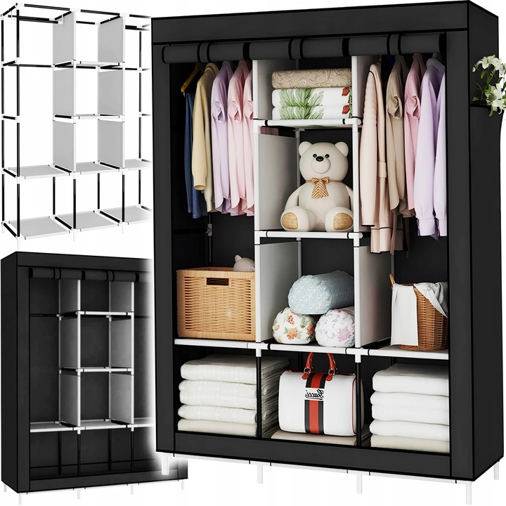 Гардероб, Текстилен гардероб NewEvo® 125×165×42 см, Сгъваем гардероб със стабилна метална рамка, 4 зони за закачалки, Текстилни рафтове, Защитен калъф, Черен