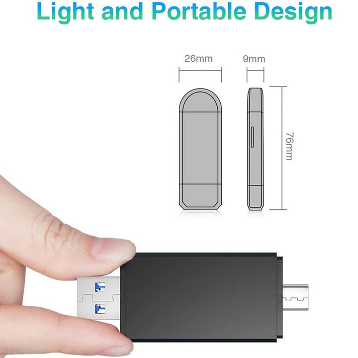 Четец за карти USB 3.0, SD Micro SD, USB A C, компактен, черен