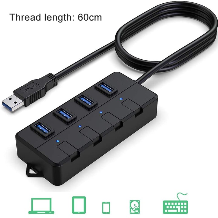 Hub USB 3.0, 4 porturi, negru, 60x12cm