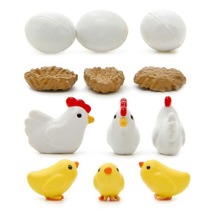 12 darabos készlet, csirke, tyúk, tojás, fészek miniatűr figura, gyanta, 2.5x2x1.4cm