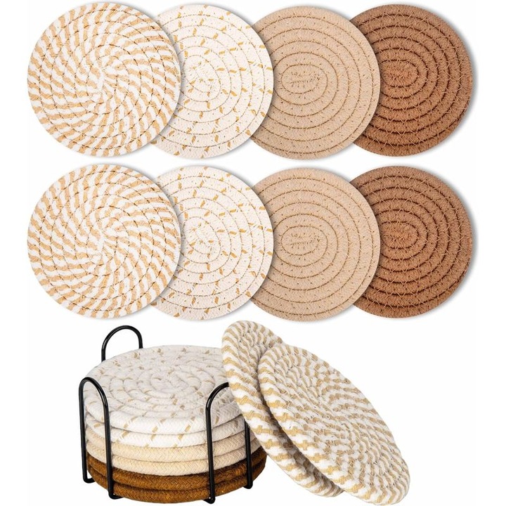 Set 8 suporturi rotunde din bumbac, bej/maro, 11cm
