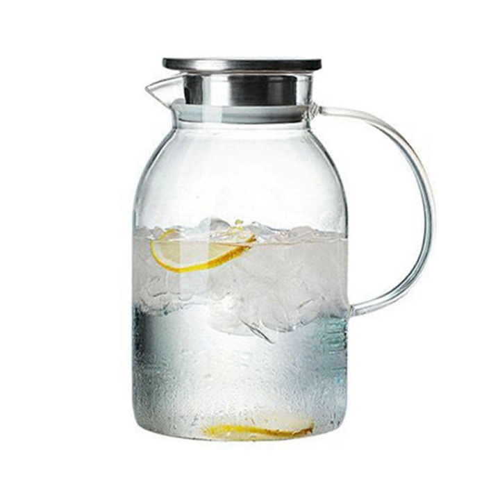 Boroszilikát üveg kancsó, rozsdamentes acél fedél, 2000ml, átlátszó