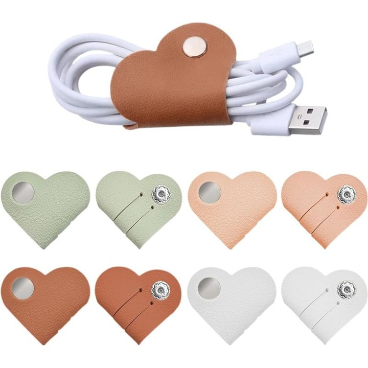 Set 8 organizatoare cabluri piele PU inima multicolor 10x2cm