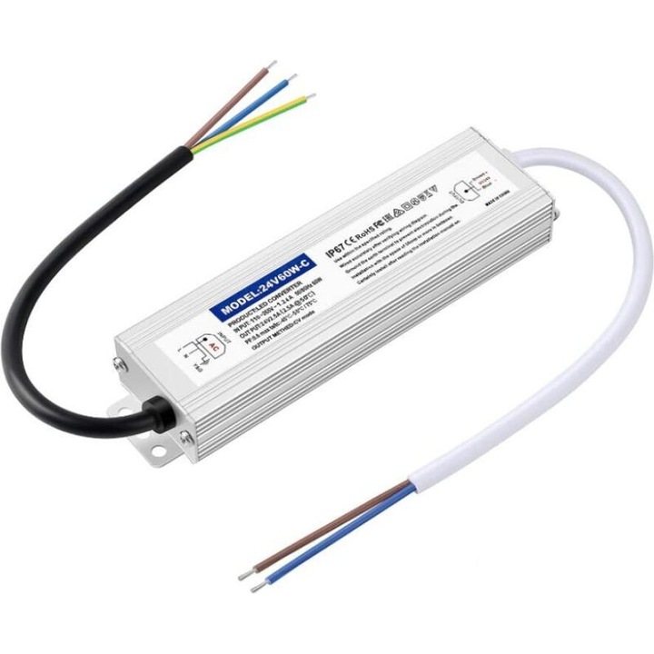 Transformator LED 24V 60W 2.5A IP67 rezistent la apa 220V-24V DC