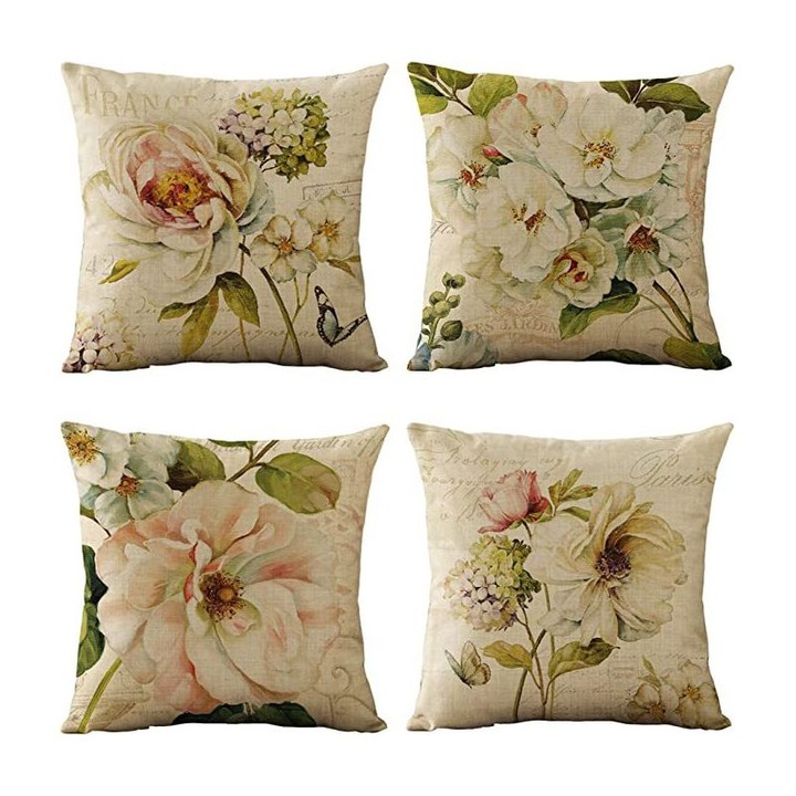 Set 4 huse perne decorative impermeabile, model floral vintage, multicolor, 45x45cm