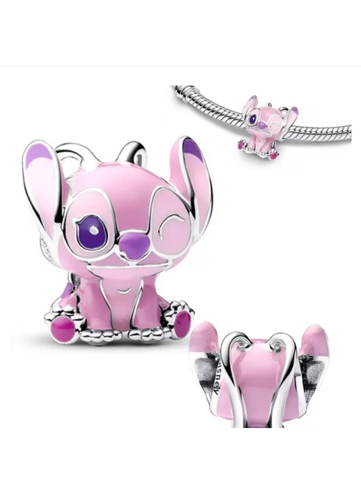 Lilo és Stitch Charm karkötő, 925-ös ezüst, rózsaszín színű, kompatibilis minden típusú Pandora karkötővel, finom ékszer, tökéletes divatos kiegészítő ajándéknak nőknek és lányoknak