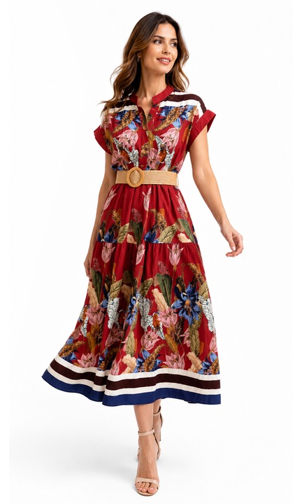Celiane hosszú ruha, virágmintás nappali és övvel, Red Tulip, Univerzális méret S/M/L, FY FashionForYou
