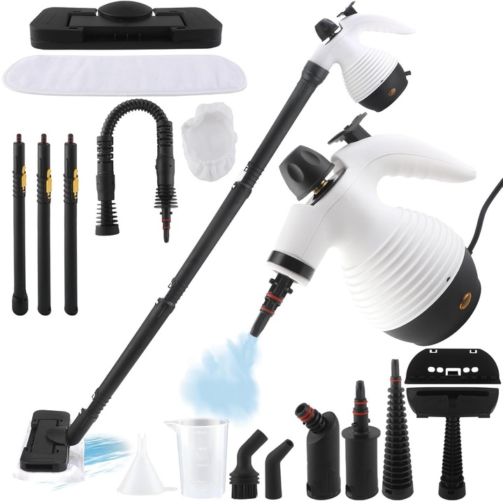 Aparat de curatat cu abur multifunctional, Bedee, Putere 1050W, Rezervor 350ml, Presiune ridicata, Temperatura 135°, Accesorii curatare suprafete multiple, Alb, 28.5×14.5×24cm