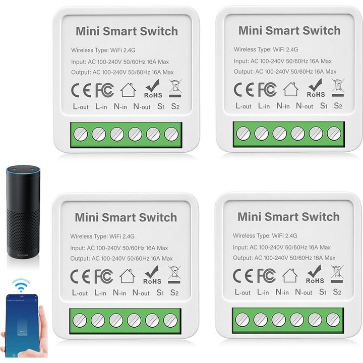 Set 4 module intrerupator inteligent, control vocal, alb, 4.1x4.1x2cm