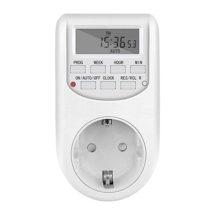 Priza cu timer digital, 16 programe, ecran LCD, 2300W, alb