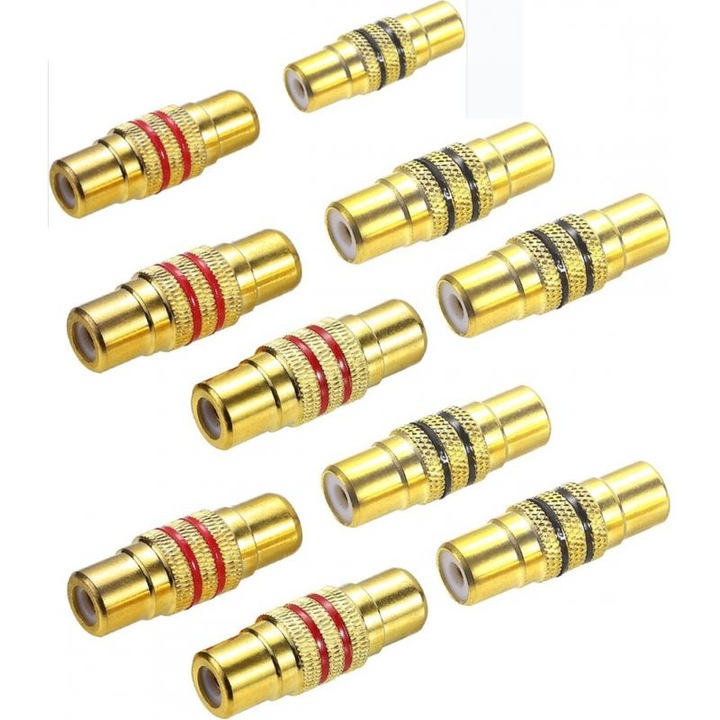 10 db aranyozott RCA anya-anya adapter készlet, fekete-piros, 2.91x1.02cm