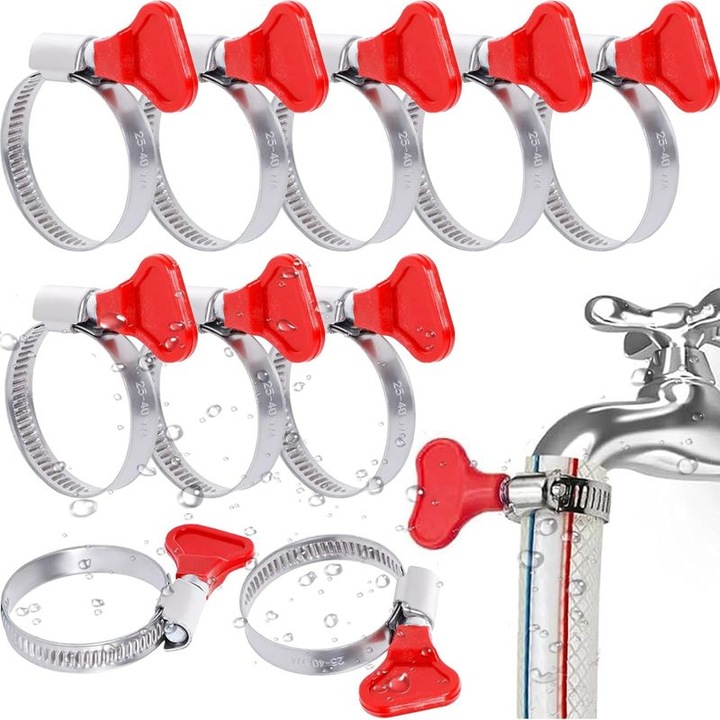 Set 10 coliere furtun inox 304, reglabile, maner rosu, 25-40mm, 9mm latime