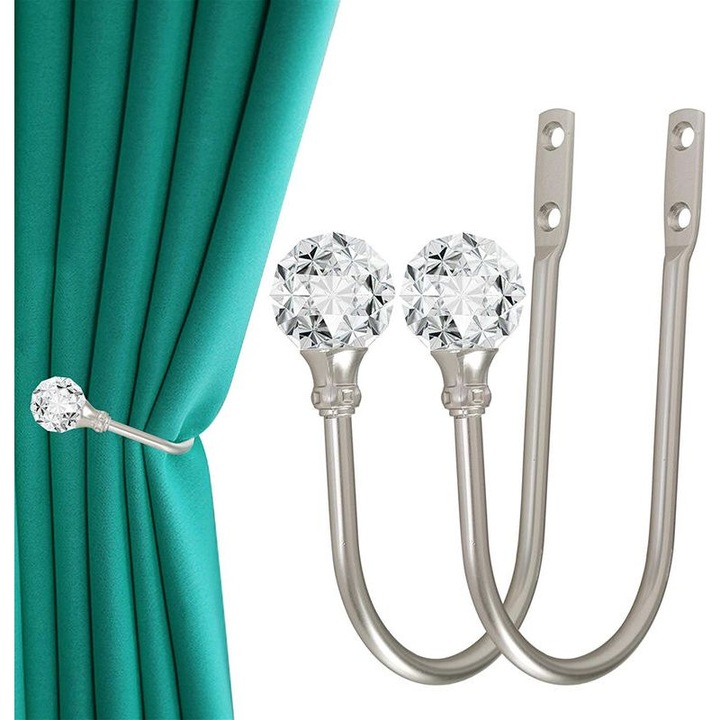 Set 2 carlige perdea metalice argintii cu cristale 15x9cm