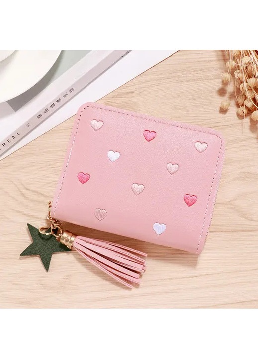 Portofel dama mic, piele PU, roz, 11x9x2cm, cu fermoar si ciucure