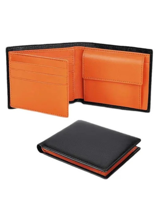 Férfi pénztárca valódi bőr slim fekete narancssárga 12x9cm ajándék szett