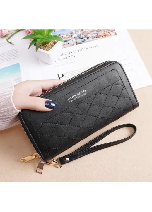 Portofel dama, piele PU, negru, mediu, capacitate mare, dublu fermoar