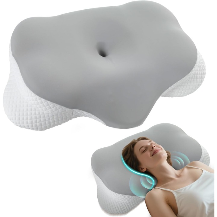 Ortopéd párna alváshoz, Bedee, 61x34x13cm, nyakpárna, pillangó forma, Ortopéd párna alváshoz, Ergonomikus memóriahab a nyak és a gerinc megtámasztására, Mosható huzat, Ideális oldalt, háton vagy hason alváshoz, Szürke/Fehér