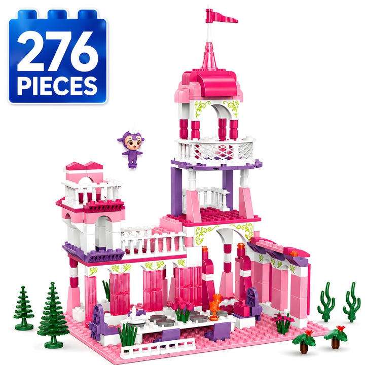 Set de Constructie cu Piese Tip Blocuri Constructie 276 Piese MiniBric® Pink Princess Castle, Colectia Fairytale Dream, Flori, Castel, Figurina, Pentru Fete, 3262- DS, Cadou Ideal Pentru Fetite Pasionate de Jucarii de Constructie
