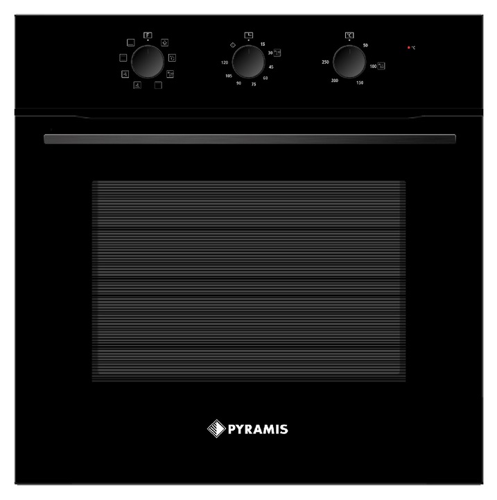 Pachet Pyramis 4P.26, cuptor electric incorporabil si plita gaz, 8 functii, clasa A, volum 65 litri, Aqua Clean, butoane rotative mari, 4 arzatoare, gratare individuale din fonta, finisaj Sticla neagra