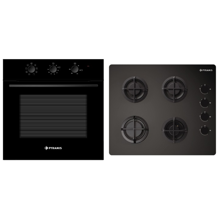 Pachet Pyramis 4P.26, cuptor electric incorporabil si plita gaz, 8 functii, clasa A, volum 65 litri, Aqua Clean, butoane rotative mari, 4 arzatoare, gratare individuale din fonta, finisaj Sticla neagra