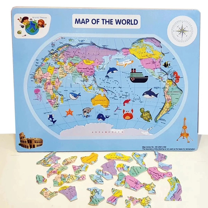 Puzzle educativ din lemn harta lumii cu piese mari si ilustratii vesele pentru copii, SALLMA®