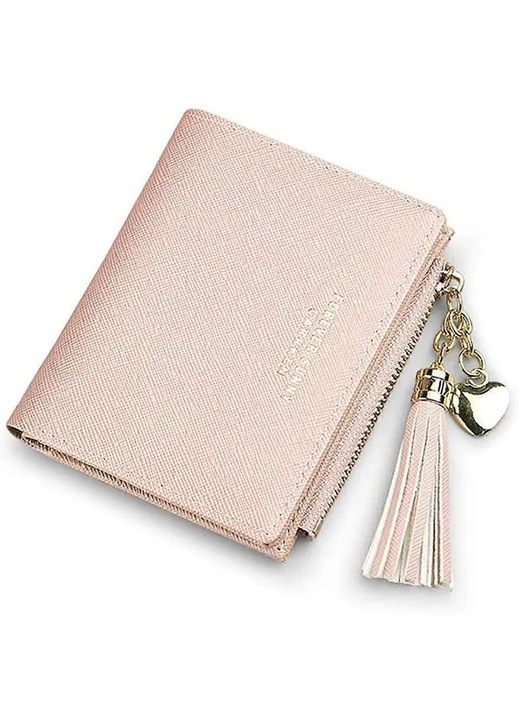 Portofel compact dama, piele, roz, 5 compartimente, 10x8cm