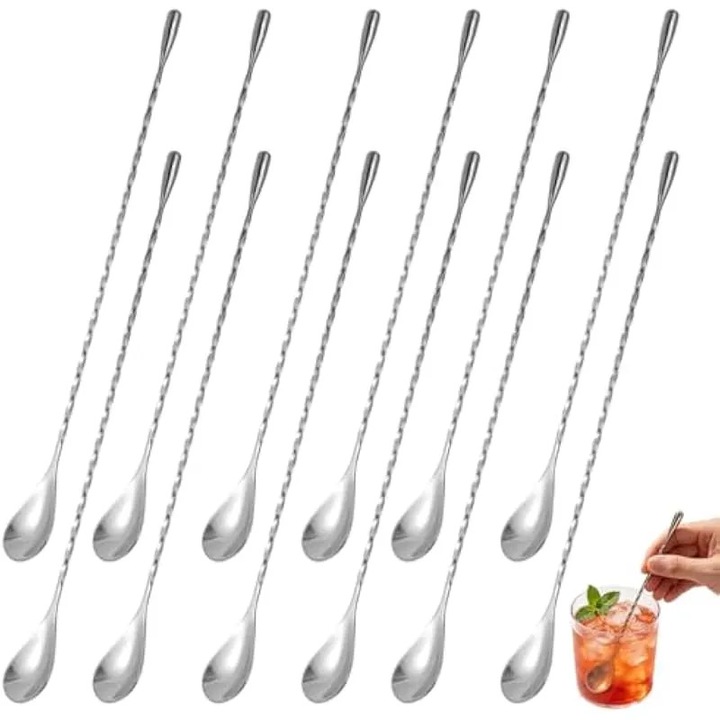 Set 12 linguri bar, 30,5cm, inox, maner spirala, argintiu