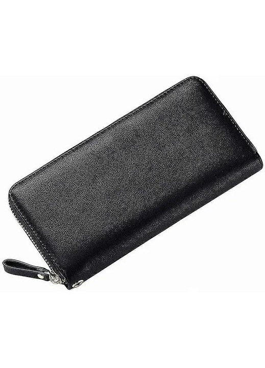 Portofel dama, piele ecologica, negru, 19x10x2cm, cu fermoar, spatios