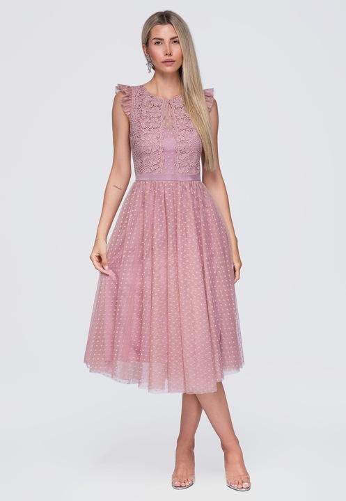 Rochie midi eleganta cu decolteu rotund si detalii din dantela LA-OM-DLR423, Roz
