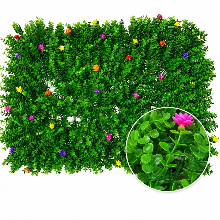 Panou decorativ din plante artificiale cu flori mici, cu gazon, NEVERMORE, Gard artificial, perete verde decorativ, pentru exterior/interior, 60x40cm, Multicolor