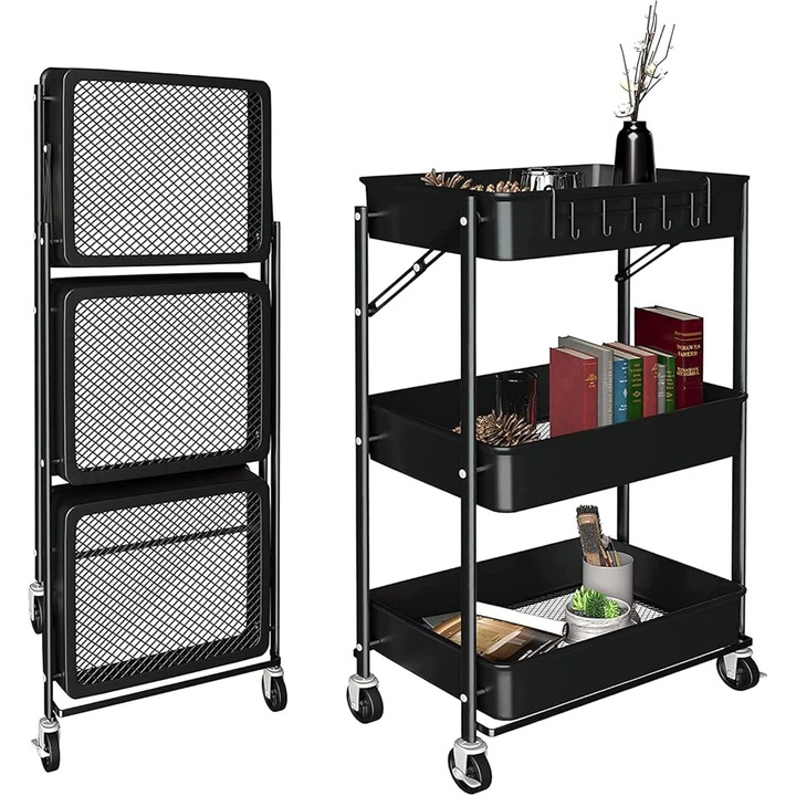 EMC ONSHOP® Többfunkciós tárolókocsi, Összecsukható, 3 polccal és 4 fékes kerékkel, Rozsdamentes acél, 45x23x72 cm, Fekete