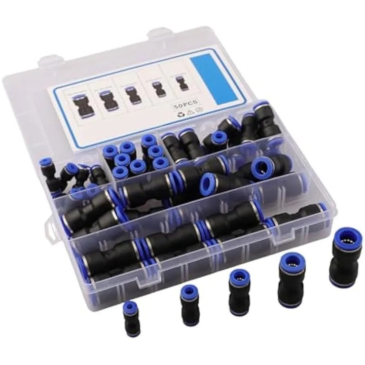 Set 50 conectori drepti push, rezistenti presiune, PU plastic, multicolor, dimensiuni 4x6x8x10x12mm