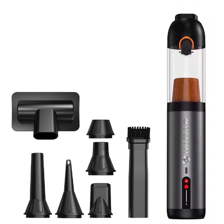 Aspirator Auto 4 in 1 Fara Fir NADAR AirVac Pro, De Mana, Portabil, Cu Acumulator 7800 mAh, Putere 120W, 20000 Pa, USB-C, Filtru HEPA, Indicator LED Baterie, Aspirare, Suflare, Umflare si Vidare, Accesorii Incluse