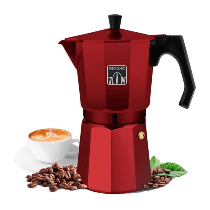 Cecotec Mokaclassic 600 Moka kávéfőző, 300 ml kapacitás, minden hőforrással kompatibilis, beleértve az indukciót is, ideális 6 csésze kávé elkészítéséhez, szilikon tömítés, rozsdamentes acél szűrő, biztonsági szelep, piros