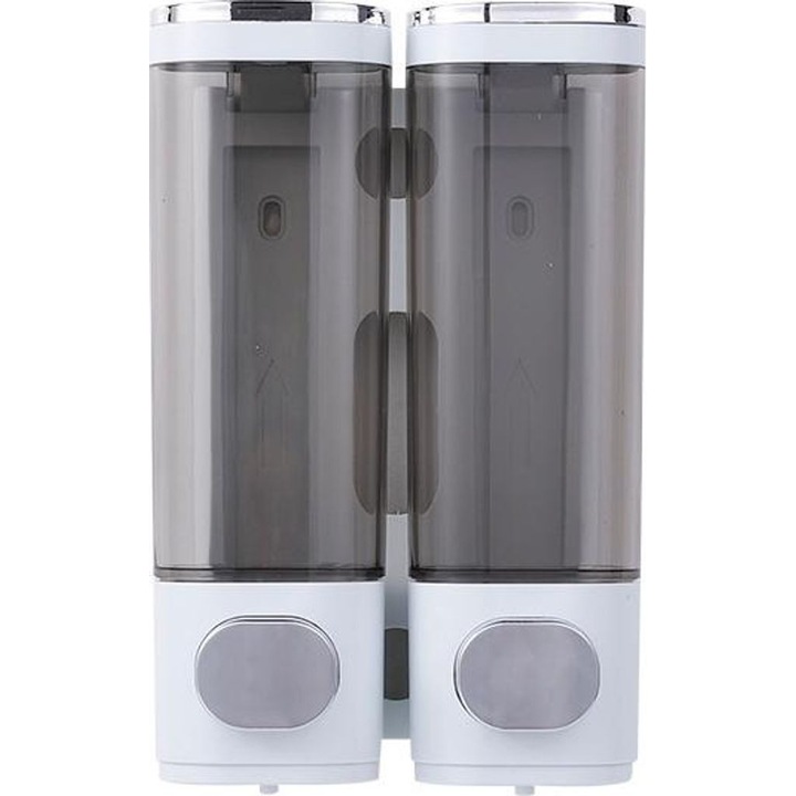 Dispenser dublu sapun manual, argintiu, 2x transparent, 2x dozator, montare perete