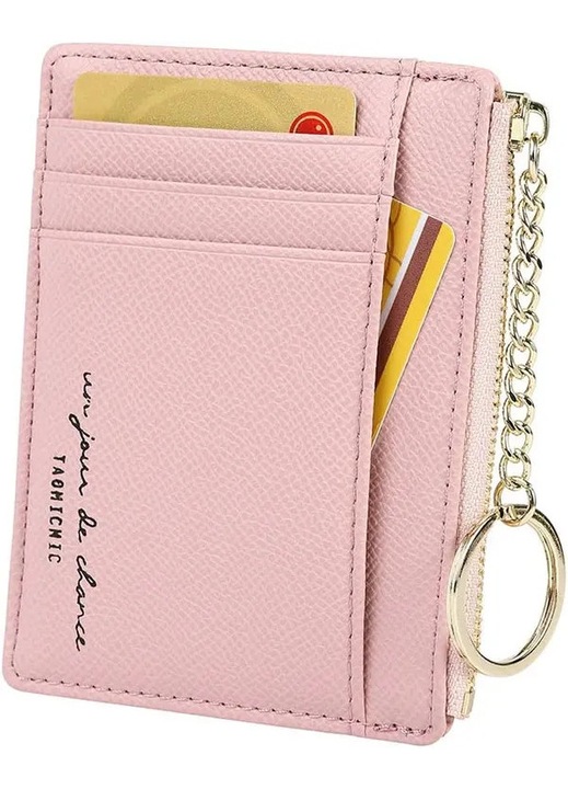 Portofel dama slim minimalist roz 12x9x1.3cm piele texturata cu fermoar si breloc chei