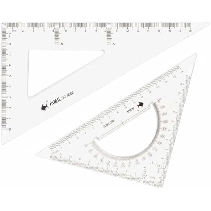 Háromszög vonalzó készlet, 18 cm, átlátszó műanyag, 30/60 és 45/90 fokos, beépített szögmérővel