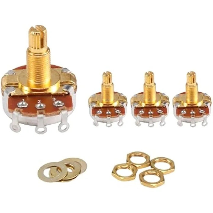 Set 4 potentiometre control ton volum, 500K, aluminiu, 24mm, M8x0.8, 10mm