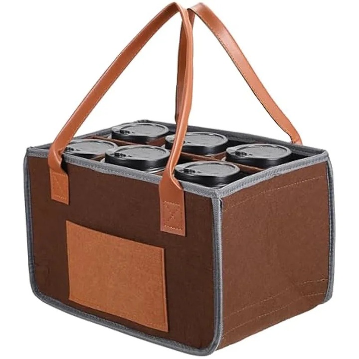 Reusable beverage carrier bag, 6 adjustable compartments, portable, grey, 31.5x21x20cm