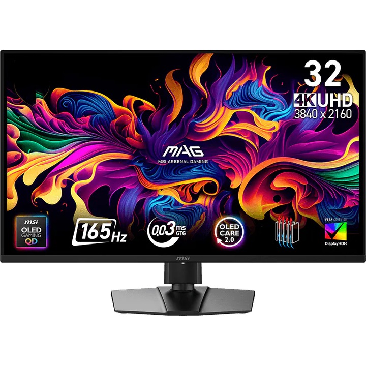Monitor Gaming MSI MAG 322UP QD-OLED E16, 31.5", 4K UHD (3840×2160), QD-OLED, 165Hz, 0.03ms (GTG), HDRTrue Black 400, Less Blue Light, AMD FreeSync Premium Pro, G-SYNC Compatible, USB-C (DP / 15W), DP1.4a, 2× HDMI 2.1, HAS, Tilt, VESA 100x100mm, Negru