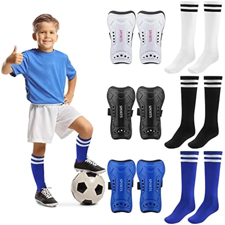 Gyermek futball sípcsontvédő szett 3 pár, 17x9.4cm, hosszú poliészter zoknival, 30-37-es méret, többszínű