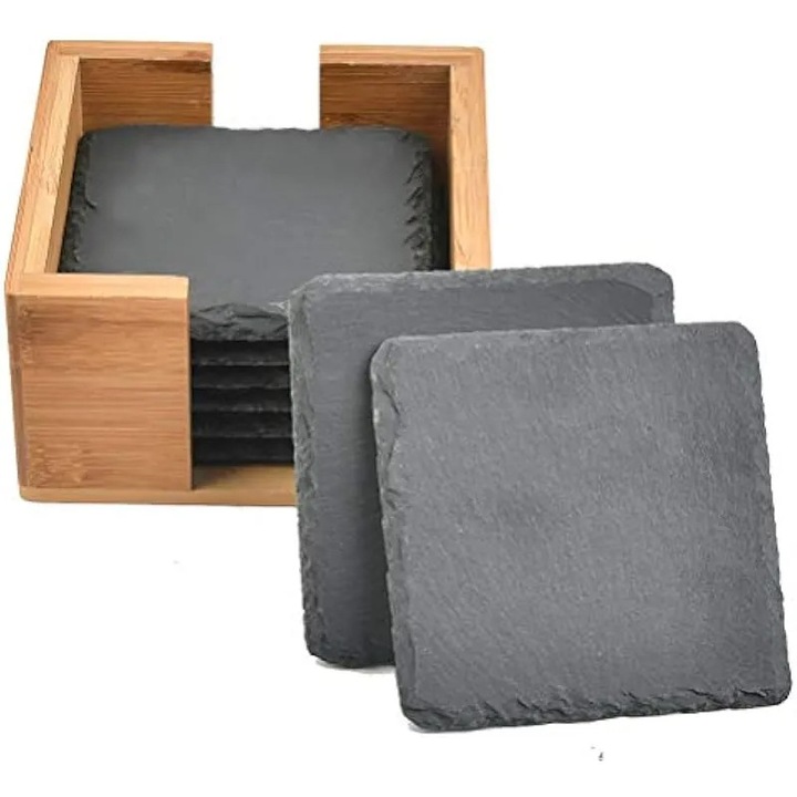 Комплект от 8 квадратни подложки от естествен шифер, черен, 10x10x0.5cm