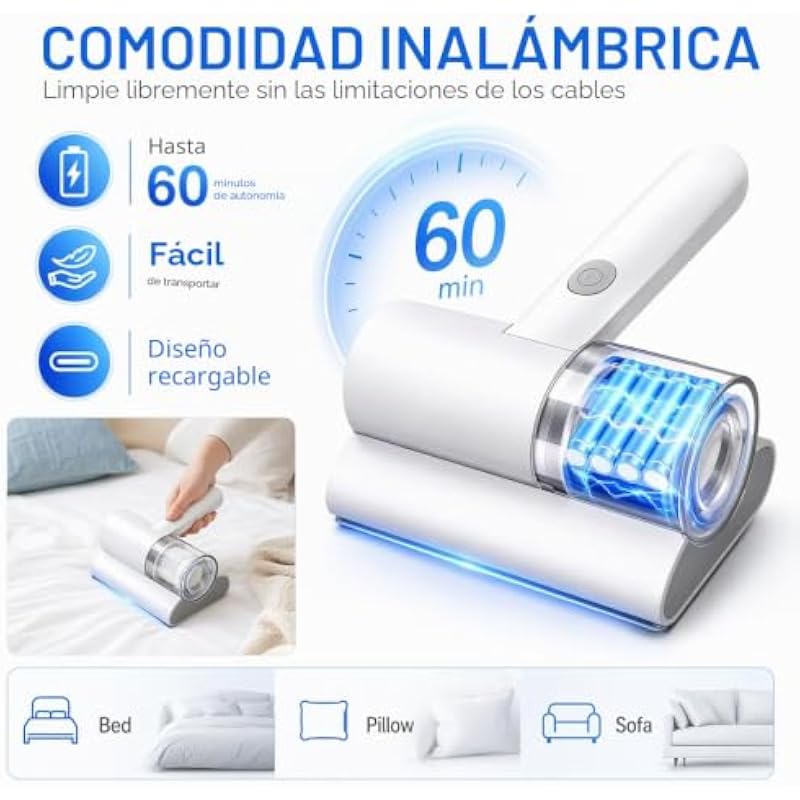 Aspirator pentru saltele si canapele, 3 in 1, alb, compact, 8000 vibratii/min, 10 kPa, 253.7nm UV-C, 99.97% filtrare, 25x15x10cm
