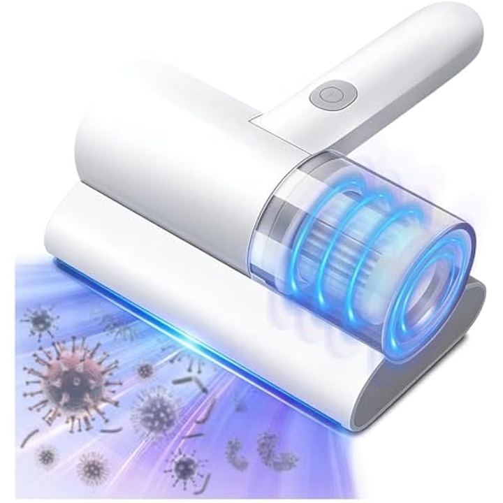 Aspirator pentru saltele si canapele, 3 in 1, alb, compact, 8000 vibratii/min, 10 kPa, 253.7nm UV-C, 99.97% filtrare, 25x15x10cm